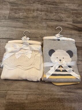 First Impressions Cream and Gray Baby Blanket Set with Yellow Accents